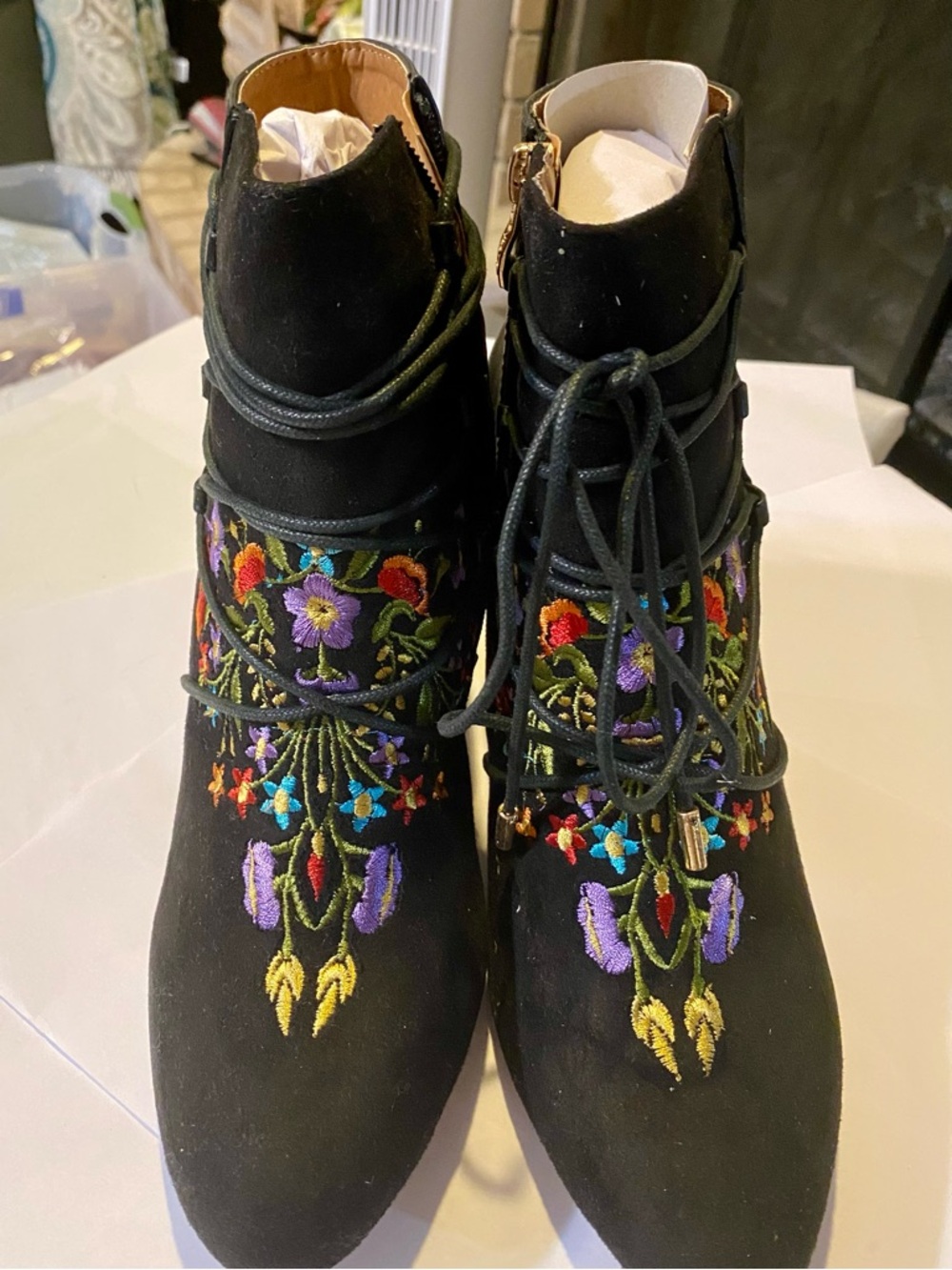 Embroidered Black Lace-Up Ankle Booties with Floral Detail